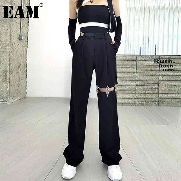 

[eam] high waist black hollow out metal buckle casual trousers loose fit pants women fashion spring autumn 1dd8121 210512, Black;white