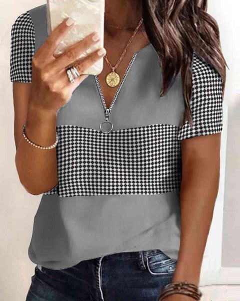 

summer women colorblock zipper front t- shirt femme casual short sleeve outfits lady sport wear new letter print tee 210415, White