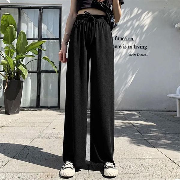 

high waist plus size women pant casual culottes trousers tie wide leg pants solid color pantalones pleated, Black;white