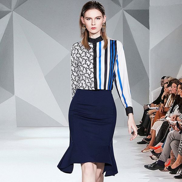 

women elegant office clothing skirt set striped print shirts blouse and ruffles irregular cut bodycon skirts suits 210416, White