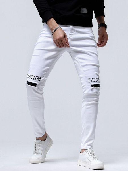 

men ripped frayed rag stitching letter graphic skinny jeans u2ux#, Blue