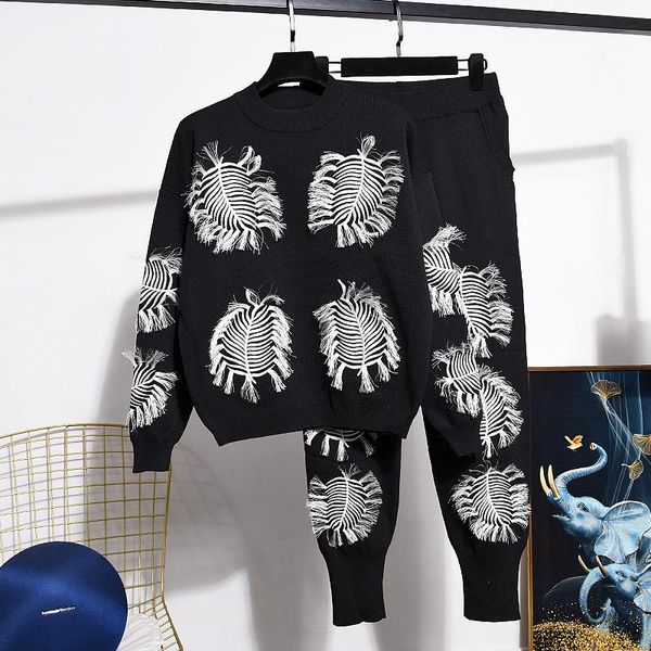 

women's two piece pants fashion embroidery flowers knitted tracksuits outfits women loose black long sleeve sweater pencil set female, White