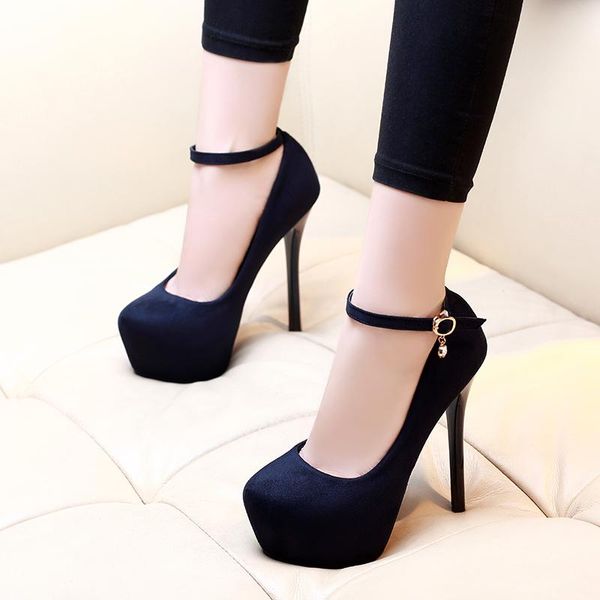 

thin heels flock round toe party buckle strap lady shoes women high stiletto dress pumps, Black