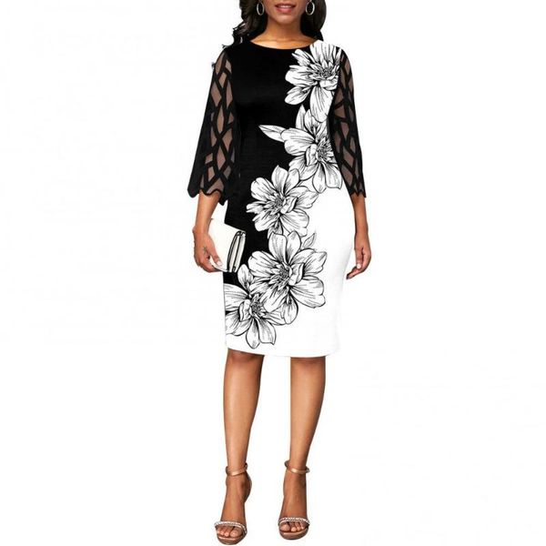 

casual dresses ladies floral printed midi dress black mesh elegant women wedding party 3/4 sleeve bodycon streetwear vestidos, Black;gray