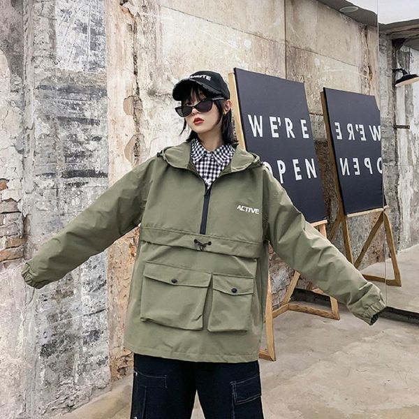 

men's jackets trend ins korean version of loose hedging hooded jacket autumn and winter half zipper tooling streetwear, Black;brown