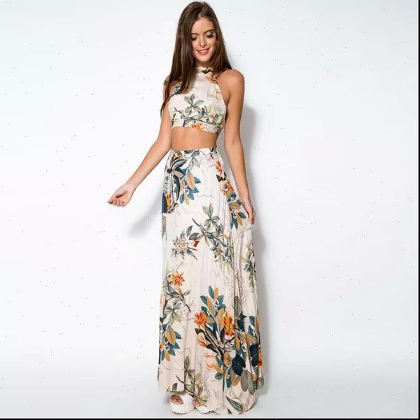 

summer halter womens tracksuits crop and long skirts set maxi clothes sets backless bandage flower sleeveless dress vestidos, Gray