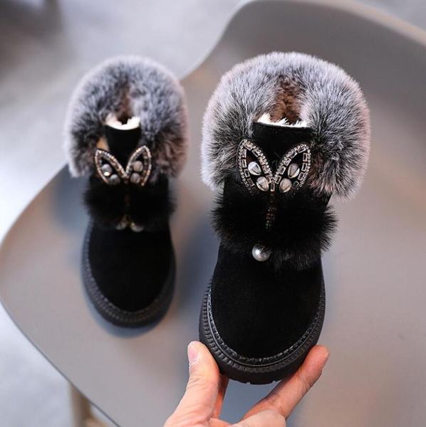 

girls boots fur thick warm children' shoes sport for boys baby cotton kids snow winter, Black;grey