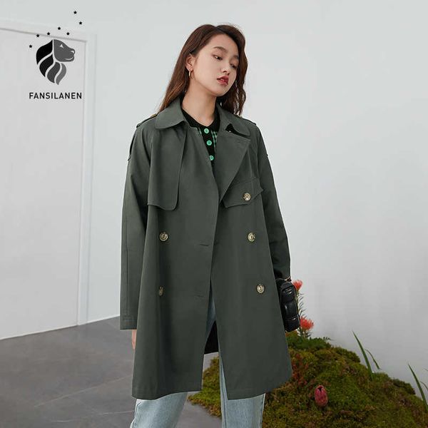 

fansilanen double breasted khaki trench coat women belt elegant green long spring female oversized windbreaker jacket 210607, Tan;black