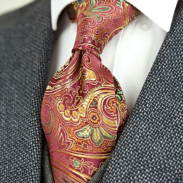 Fliegen Wunderschöne florale Paisley-Gold-Rot-Lila-Rosa-Schwarz-Herrenkrawatte, 100 % Seide, Jacquard, gewebt, Großhandelsmarke