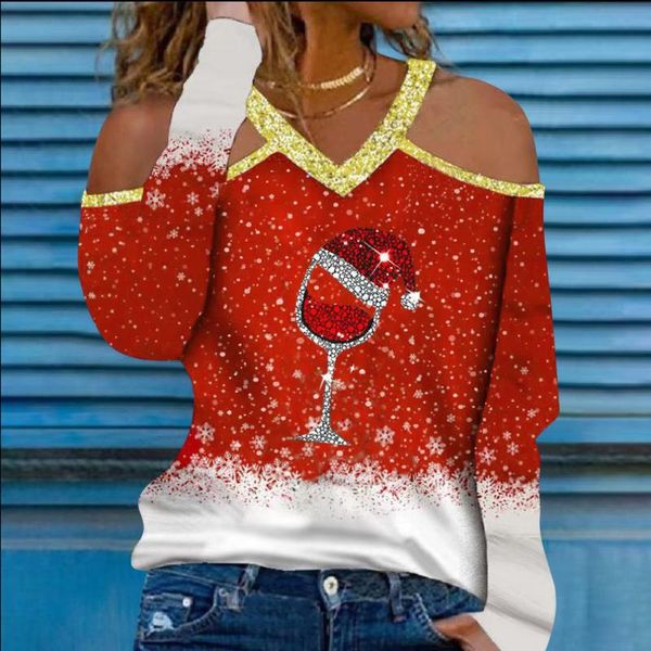

women's blouses & shirts sequins wine glass printed shirt women clothing christmas off shoulder casual v-neck long sleeve blouse elegan, White