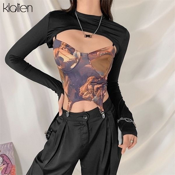 

klalien fashion print long sleeve female t shirt spring high street casual simple harajuku women slim was thin aesthetic tee 220307, White
