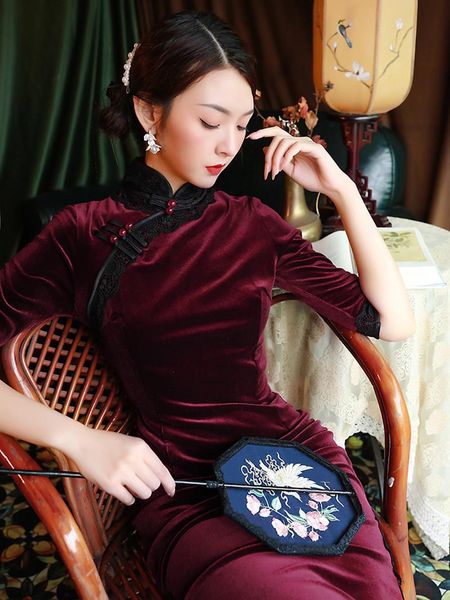 

ethnic clothing qipao dress modern slim chinese traditional cheongsam vintage split velvet dresses for women wedding party plus size, Red