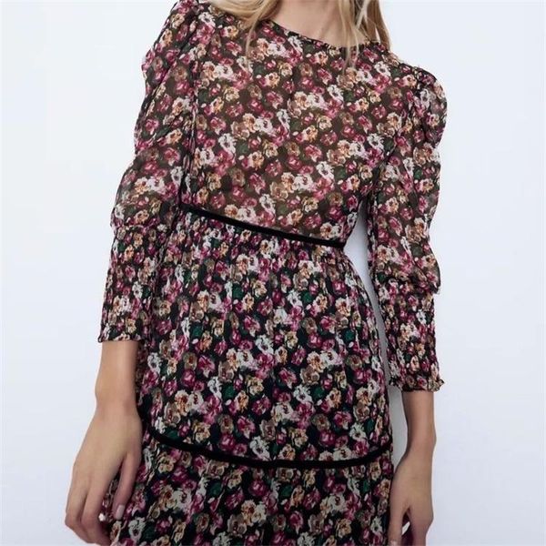 

casual dresses women 2021 chic fashion floral print velvet patchwork midi dress vintage long sleeve with lining female mujer, Black;gray