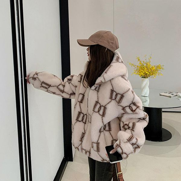 

women's fur & faux women short hooded particles all-wool coat female printing zipper thick warm 2021 winter loose casual plush jacket, Black