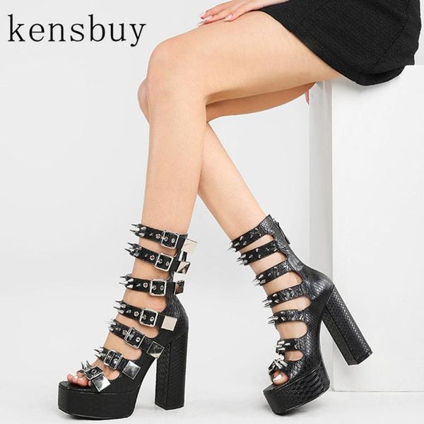 

dress shoes 2021 fashion waterproof platform thick bottom sandals rivet ankel buckle cover heel party back zipper casual, Black