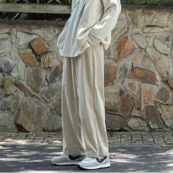 

men's pants men casual loose staight wide leg corduroy mens spring trousers male fashion ankle banded pant, Black