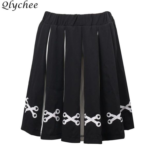 

skirts qlychee print pleated female lace up elastic waist mini summer sweet fashion a-line women skirt bottoms, Black