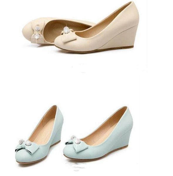 

women's shoes spring and autumn slope heel round head bowknot, Black