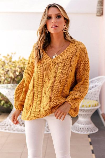 

women's sweaters cawa women ribbed yellow sweater v-neck pullover female knitted jumpers lantern sleeve twisted fashion, White;black