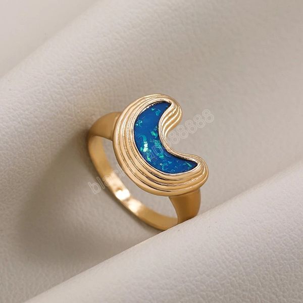

fashion moon blue shiny dripping oil rings for women trendy geometric gold color metal thin korean rings charm jewelry gifts, Silver