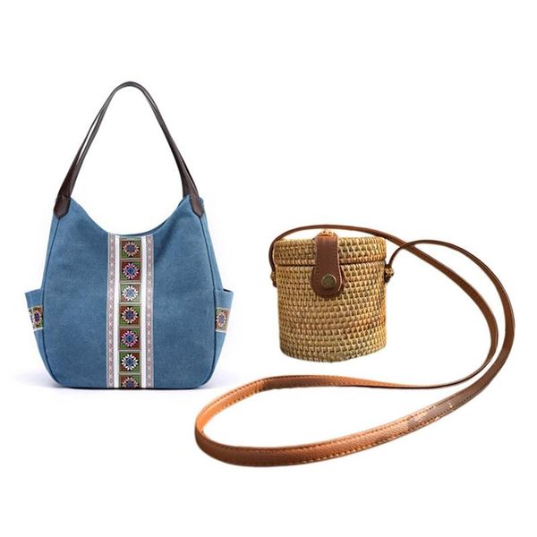 

evening bags 2pcs round woven bag,hand rattan bag - cylinder shape with ladies canvas handbags