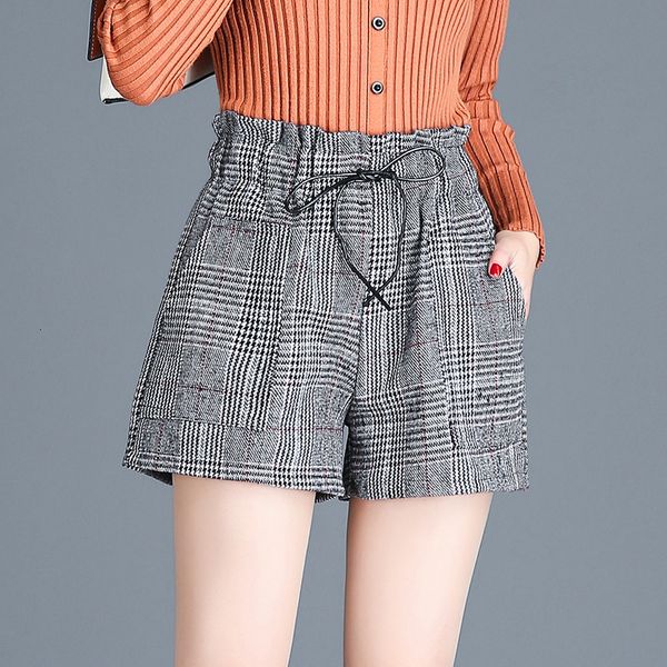 

korean-style floral elastic high waist wide leg plaid bottoming woolen lace-up women pants, Black;white