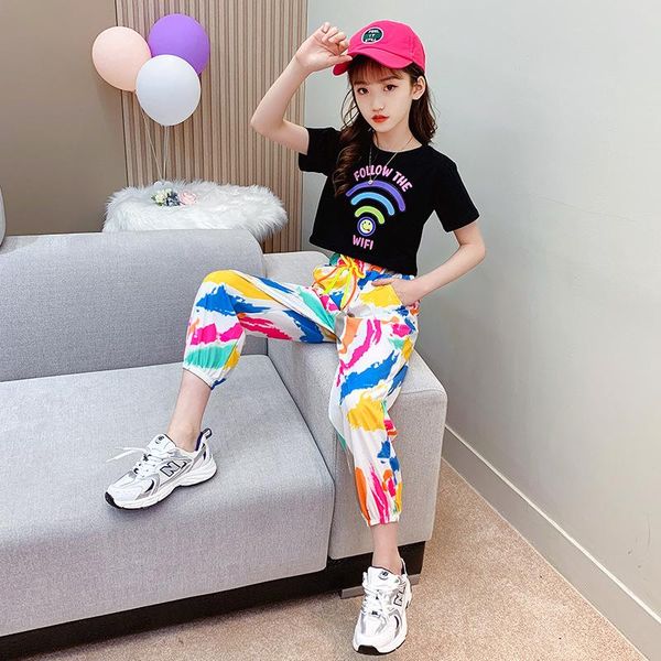 

clothing sets summer girls two pieces children clothes tracksuit t shirt + long pants casual kids outfits size 4 5 6 7 8 10 12 yrs, White