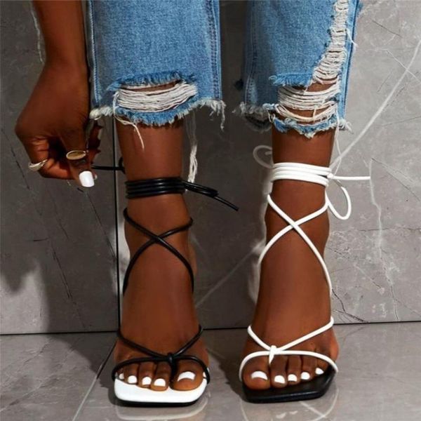 

sandals fashion lace up women square toe thin heel cross tied party shoes black white size 35-43 ytmtloy sadalias