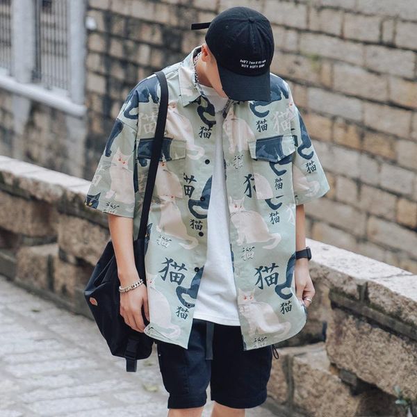

men's casual shirts summer cartoon print short sleeve shirt for men logo half loose ins medium, White;black