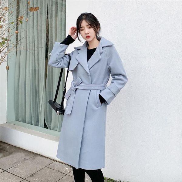 

women's wool & blends 2021 autumn winter women elegant woolen coats with belt lady solid warm streetwear jacket female thick long trenc, Black