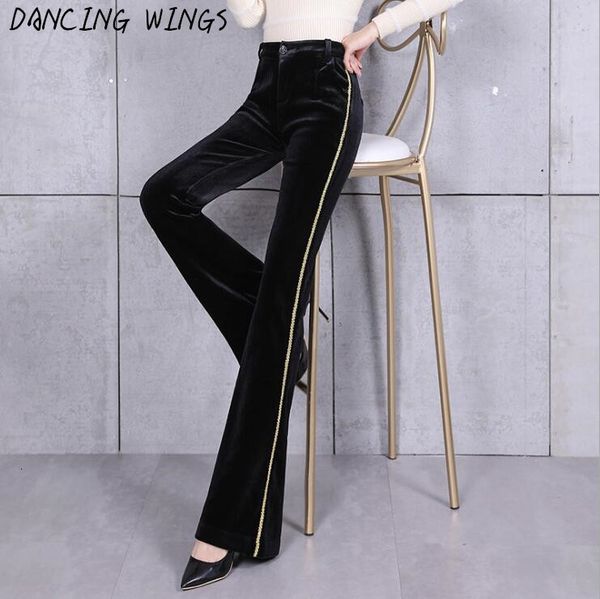 

women's pants & capris autumn fashion gold velvet wide leg casual long flare high waisted winter thick female trousers pantalon mu, Black;white