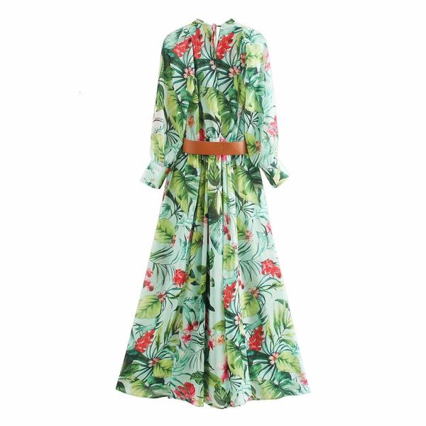 

dresses v-neck sleeve long belt with plant print women's national wind sweet beach vacation chic female dress, Black;gray