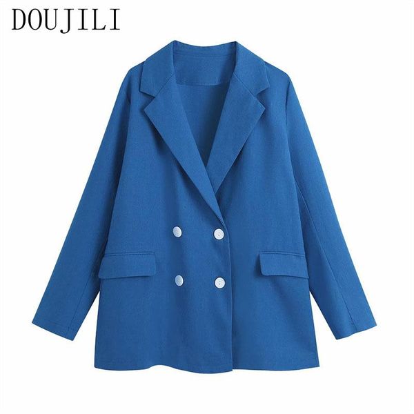 

women's suits & blazers doujili 2021 fashion blue blazer coat double breasted long sleeve pockets female office ladies suit, White;black