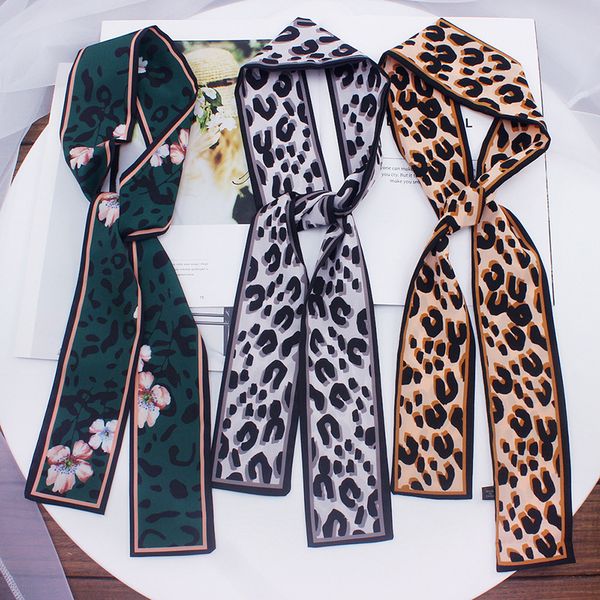 

2021 small silk scarves spring and autumn decoration leopard print hair band korea joker ribbon tie bag women skinny scarf, Blue;gray
