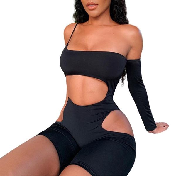 

women's one sleeve slip jumpsuits bodycon playsuits cut-out high waist club party street bar skinny shorts rompers &, Black;white