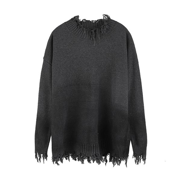

men's casual shirts high street gradient fringe half turtleneck sweater for men and women irregular hole loose knitted oversize pullove, White;black