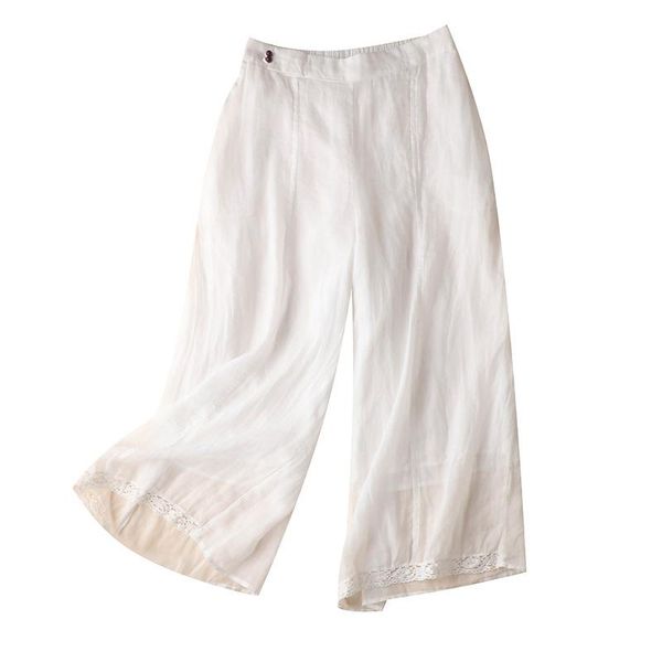 

women's pants & capris shuchan white women bottoms calf-length summer casual elastic waist ramie wide leg streetwear, Black;white