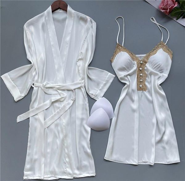 

women's sleepwear summer 2 piece female robe faux silk kimono gown lace nightgown loose silky satin bathrobe wedding, Black;red