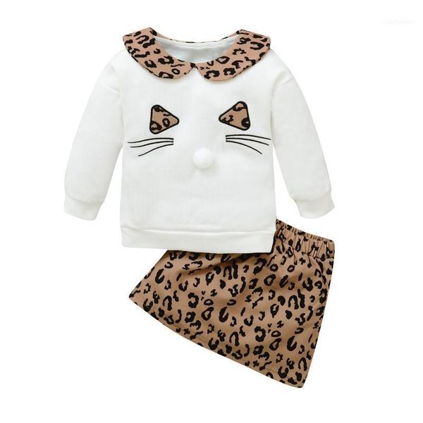 

clothing sets opperiaya baby girls cartoon cat long sleeve lapel neck warm pullover leopard a-line half skirts 2pc autumn casual, White
