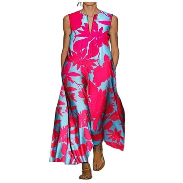 

casual dresses summer 2022 bohemian fashionable party elegant temperament women v-neck floral print sleeveless retro loose long dress 5, Black;gray