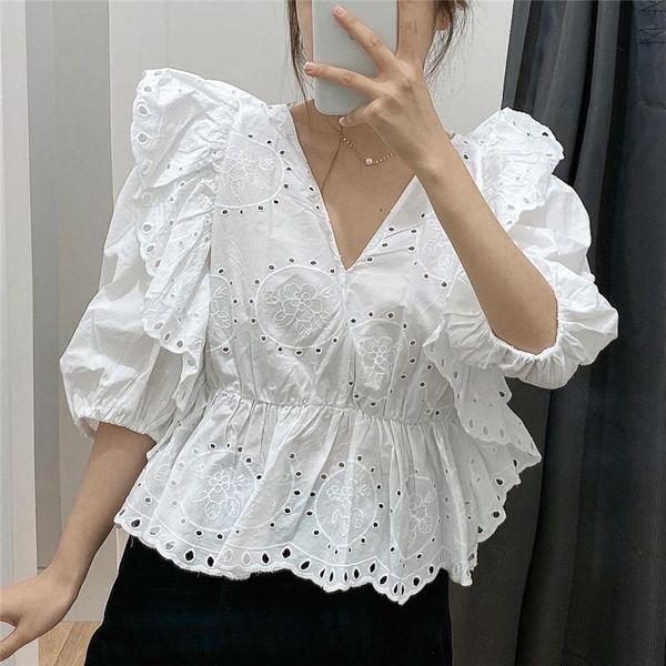 

elegant ruffled cotton blouse women v-neck embroidery female summer shirts half sleeve office ladies white women's blouses &