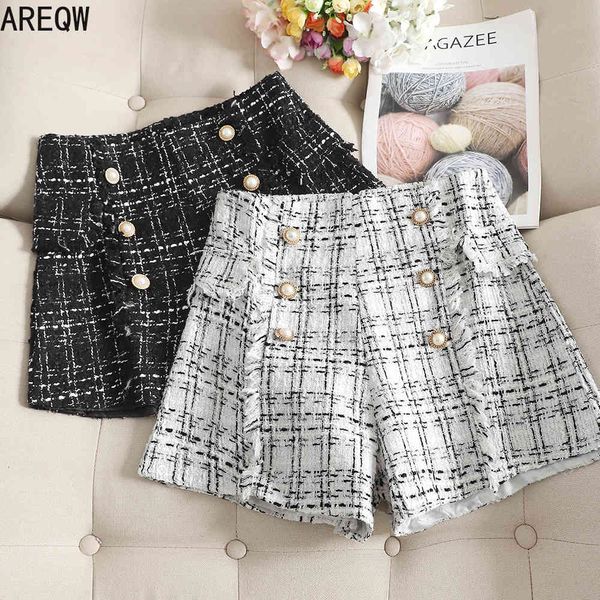 

new spring autumn plaid tweed women's high waist casual shorts white black woman clothing 210304