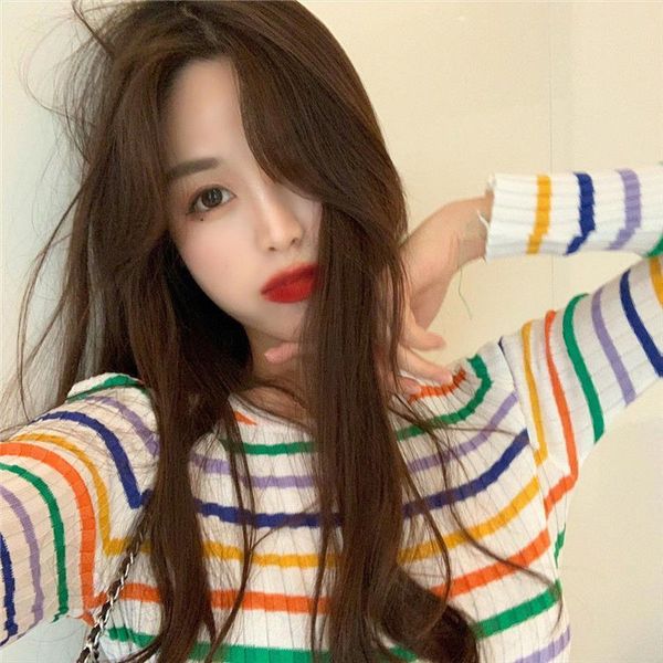 

woman long sleeve ice silk women sweaters womens early autumn striped innerwear tight top, White;black