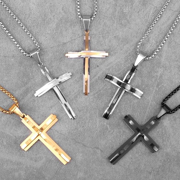 

pendant necklaces stainless steel black gold double cross men pendants chain punk for boyfriend male jewelry creativity gift wholesale, Silver