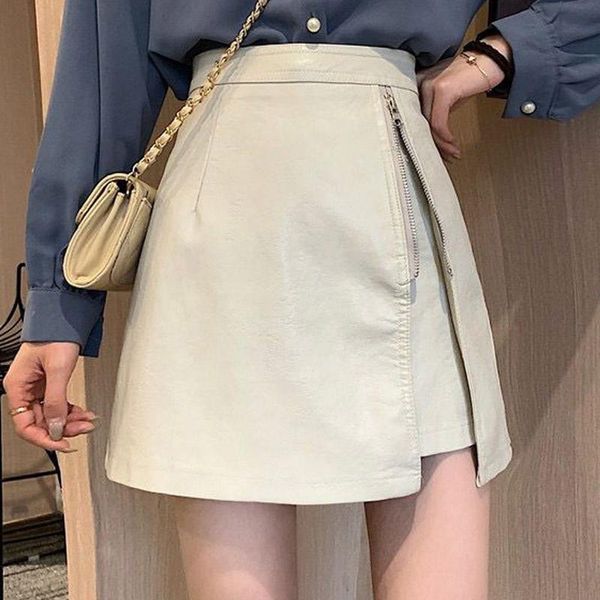 

skirts 2021 korean spring and autumn beige zipper pu leather women's split a-line skirt, Black