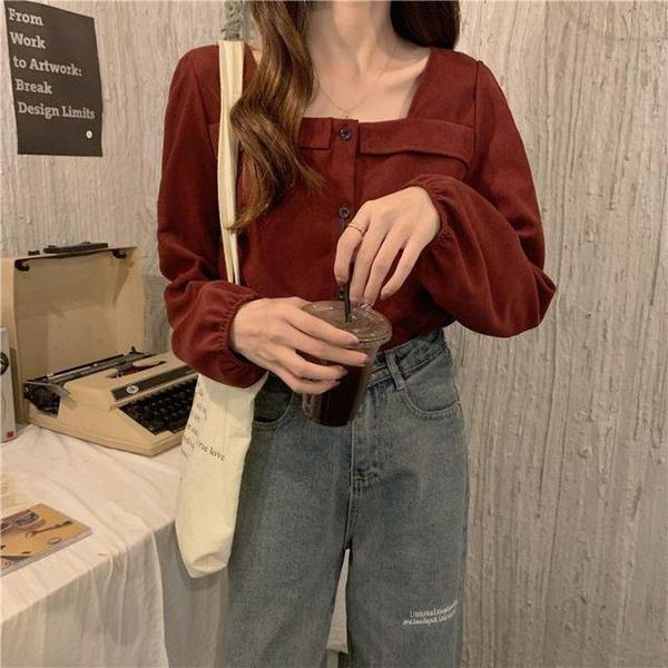 

women's t-shirt shirts woman autumn design sense niche 2021 korean fashion retro square collar versatile wild long-sleeved shirt, White