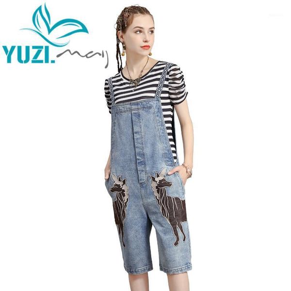 

women's jumpsuits & rompers jumpsuit women summer 2021 yuzi.may boho denim playsuit slash neck vintage embroidery loose x2235, Black;white