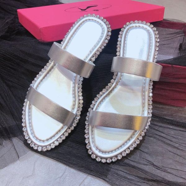 

slippers 2021 fashion summer shoes woman rhinestone slip on crystal outside slides genuine leather flip flops, Black
