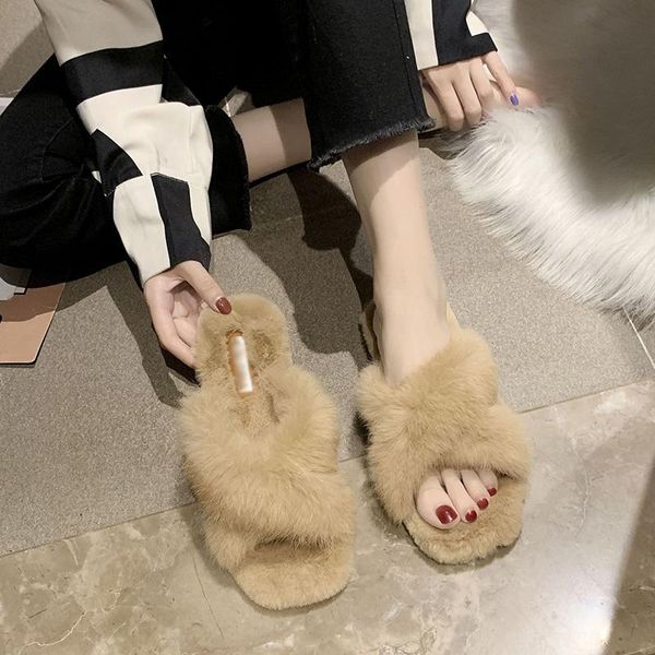 

slippers women autumn winter korean flat fashion cross design plush, Black