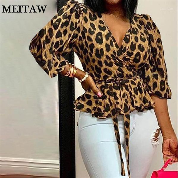 

women's blouses & shirts spring sashes leopard print chiffon blouse women v-neck lantern sleeve 2021 vintage lace up ruffled plus size, White